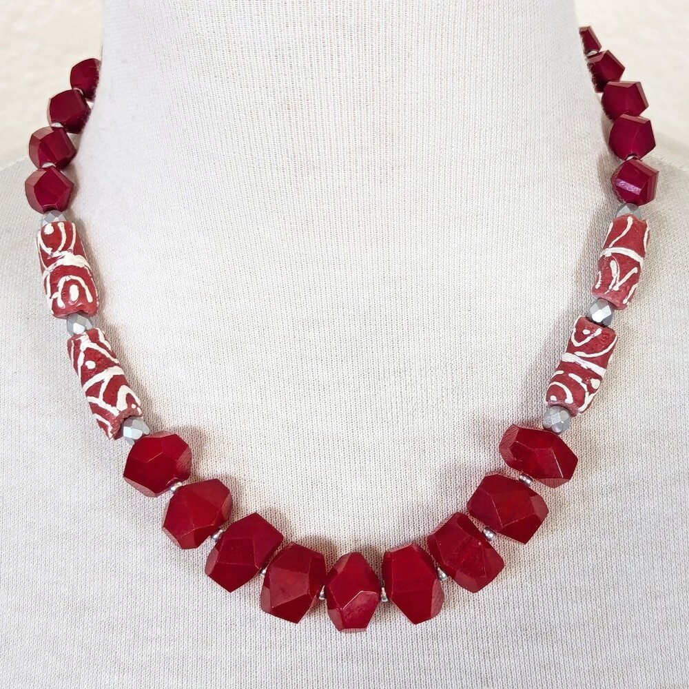 Red Recycled African Krobo Glass Patterned Tribal Print Statement Necklace